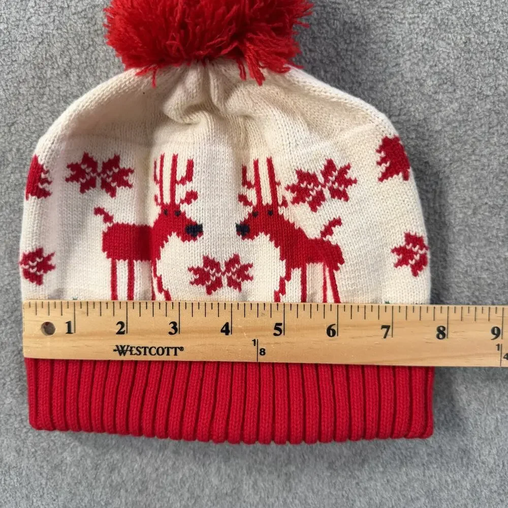 Hanna Andersson Knit Pom Pom Hat Small 1-3 Yrs Reindeer Christmas Fair Isle Red
